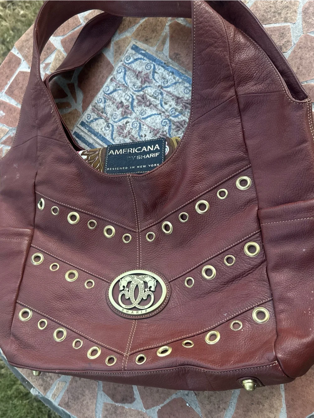 Sharif Vintage Brown Leather Shoulder Bag Medallion Brass Grommets Boho